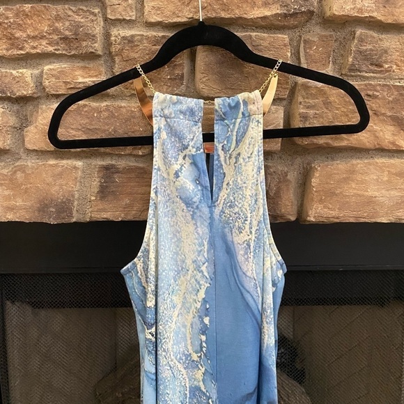 Gorgeous blue and gold racer back sundress with gold collar. - Picture 4 of 9
